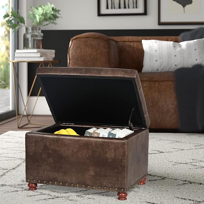 24'' Leather Ottoman with Storage Rectangle Foot Rest Ottomans Stool for Living Room(Brown,Leather Texture)