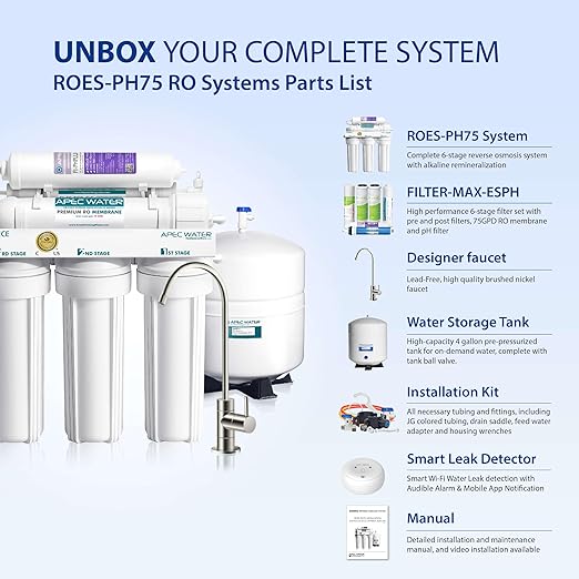 APEC Water Systems ROES-PH75 Essence Series Top Tier Alkaline Mineral pH+ 75 GPD 6-Stage Certified Ultra Safe Reverse Osmosis Drinking Water Filter System with WiFi Smart Water Leak Detector and App