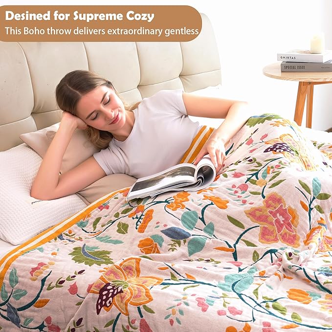 Boho Throw Blanket, 100% Organic Cotton Breathable Ultra Soft 91" x 98" Bed Quilt Throw - All Season Floral Rustic Farmhouse Decor Luxury Reversible Blanket for Sofa Couch Chair and Gift