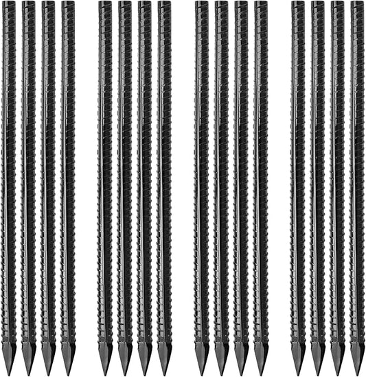 16 inches Ground Rebar Stakes (16 pcs) Heavy Duty Metal Spikes for Concrete Timber Garden Plant, Long Straight Steel Stakes for Tent, 3/8" Thickness Ground Anchors with Chisel Point End, Black