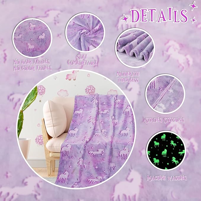 BORORO Unicorn Gifts Purple Glow in The Dark Blanket for Kids Unicorns Toys for Girls Cute Blankets for Birthday Halloween Christmas Valentines Gifts