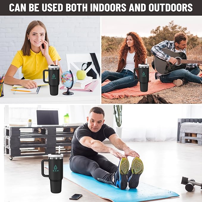 40oz stainless Steel Insulated Tumbler with Handle, lid and straw for cold water, Iced tea, or coffee - 100% Leak-Proof - Cupholder Friendly Travel Mug- Gifts for Women Men Him Her (Black)