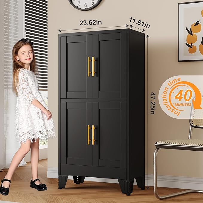 47.25" Metal Storage Cabinet, Black Kitchen Food Storage with 4 Door and 2 Adjustable Shelves, Freestanding Bathroom Cabinet, Pantry for Kitchen Dinning Room, Cupboard