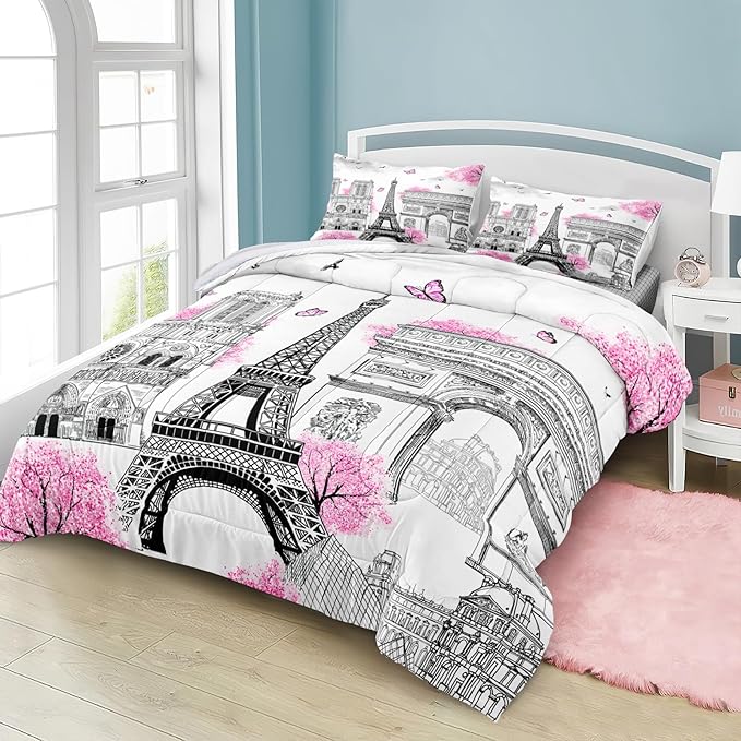 Bedbay Girls Teen Queen Bedding Set Paris Eiffel Tower Comforter Set 4 Pcs Pink Flowers Duvet Set Romantic French Style Quilt Bedding Set Lightweight Down Alternative Comforter(Paris,Queen)
