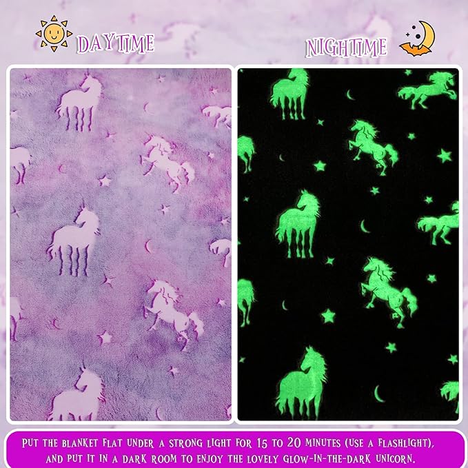 BORORO Unicorn Gifts Purple Glow in The Dark Blanket for Kids Unicorns Toys for Girls Cute Blankets for Birthday Halloween Christmas Valentines Gifts