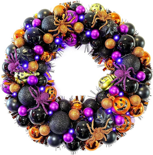 17 Inch Halloween Ball Wreath for Front Door with Lights, Lighted Cute Treat-or-Trick Door Wreath Ball Ornament for Halloween Indoor Decorations Centerpiece Party Holiday Wall Home Decor