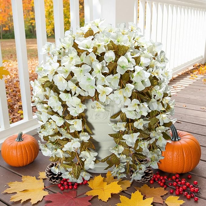Bougainvillea Artificial Flowers Plants for Outdoors Outside Fall Autumn Decoration, 2 pcs Faux Silk Long Trailing Vines UV Resistant Look Real White Fake Flowers for Front Door Porch Planter Urn Yard