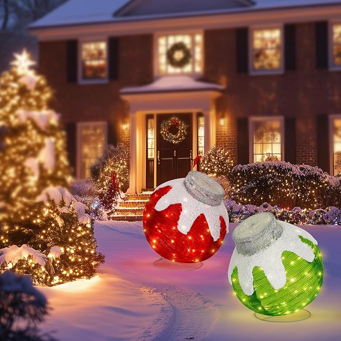 BRIGHTDECK 2 Pcs Outdoor Christmas Ornaments, Lighted Pop-Up Outdoor Holiday Ball Decoration with 80 LED Lights, 8 Light Modes, Lighted Collapsible Holiday Decorations for Yard, Home (RedGreen)