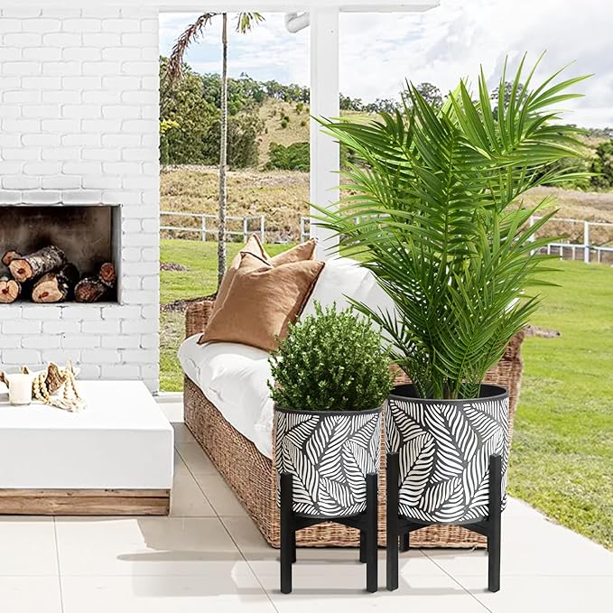 10 & 12 Inches Plant Pot with Stand Set of 2, Decorative Palm Leaves Printing Planter with Holder, Garden Pot for Snake Plant, Monstera, Houseplants - Indoor Outdoor Flower Pots with Drainage Holes