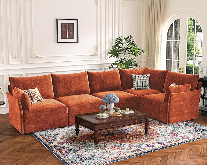 135.5" Oversized Modular Sectional Sofa, L Shaped Convertible Couch with Movable Ottoman, 5 Seat Corner Couches for Living Room Deep Seat Terracotta Orange Chenille