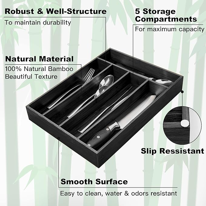 Bamboo Silverware Holder - Drawer Organizer with 5 Slots (Black)