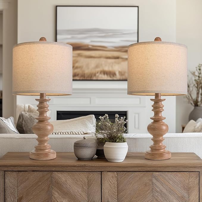 BOBOMOMO 20" Rustic Bedside Lamps Set of 2- Vintage Resin Table Lamps for Nightstands with Linen Shades, Farmhouse Lamps for Living Room, Bedroom, and Hallway (Light Brown) - Ideal for Compact Spaces