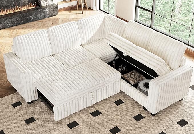 Belffin Plush Corduroy Modular Sectional Sofa with Pull Out Bed Convertible Small Sectional Corner Couch for Living Room White Couch