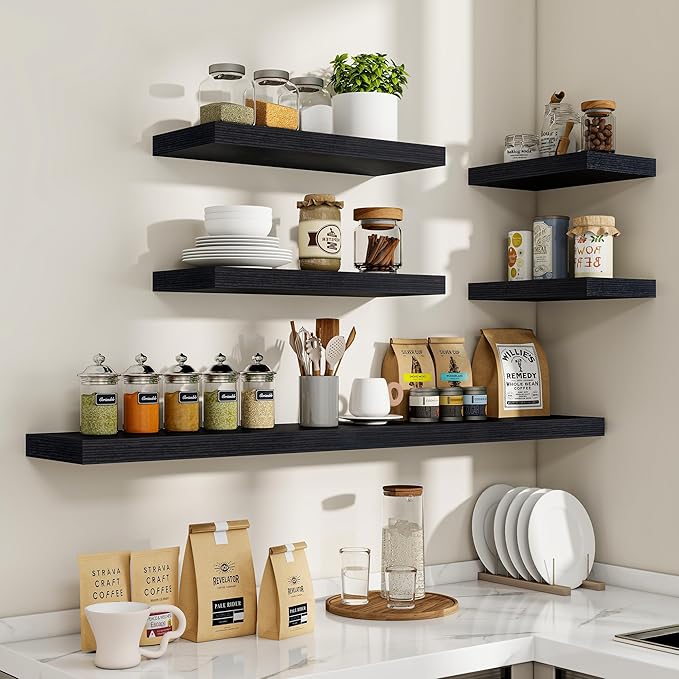 16 Inch Floating Shelves, 16"x9.25"x1.5" Inch Deep Floating Shelves for Wall, Wooden Shelves for Bathroom, Bedroom, Living Room, Black