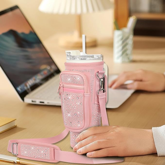 Bling Water Bottle Carrier Bag with Phone Pocket,Water Bottle Holder Bag for Stanley Cup Accessories,Cup Holder with Adjustable Shoulder Strap with Stanley 40 & 30 oz Tumbler,Pink