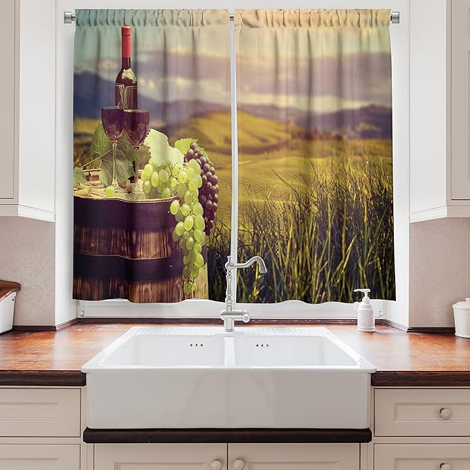 Ambesonne Wine Long Kitchen Curtains, Italy Tuscany Landscape Rural Vineyard Autumn Harvest Grapes Drink Viticulture, Two Panels Drapes with Rod Pocket Room Decor, 55" x 45", Black Taupe