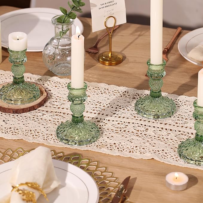12Pcs Green Candlestick Holders Set- 4" H Taper Candle Holders Bulk, Glass Candle Holders for Wedding, Party, Romantic Dinner Table Centerpieces, Festival Gifts & Windowsill Decor