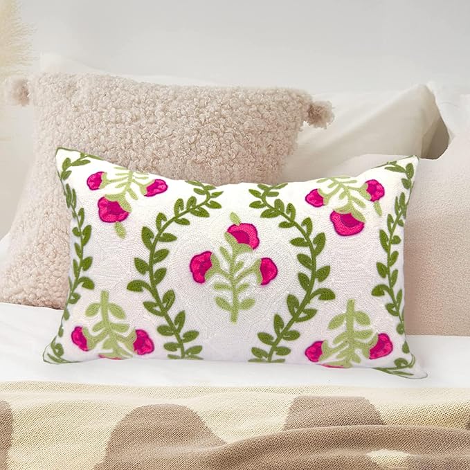 Alysheer Flower Embroidered Summer Decorative Lumbar Throw Pillow Cover 12"x 20", Farmhouse Cottage Hot Pink Floral Green Leaves Patterned Cotton Canvas Cushion Case for Sofa Couch Bed Living Room