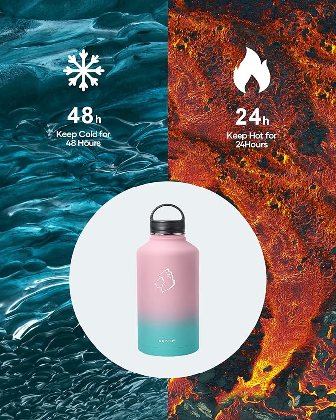 BUZIO Water Bottle with Straw lid, Spout Lid, Hand Lid and Carrying Pouch, 32oz 40oz 64oz Stainless Steel Water Flask Jug, Cold for 48 Hrs Hot for 24 Hrs Double Vacuum Thermo Canteen Mug, BPA-Free