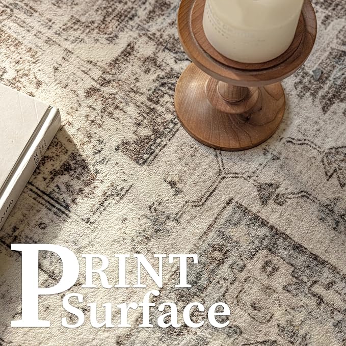 6'x9' Area Rug - Vintage Persian Medallion Design Low-Pile Faux Wool Rug, Non-Slip Backing, Machine Washable, for Living Room, Dining Room, Bedroom (Cream/Taupe)