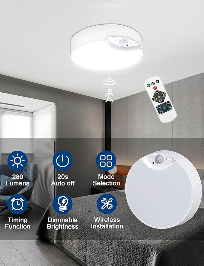 Battery Operated Motion Sensor Ceiling Light Indoor, LED Fixture Wireless Wall Light with Remote Control Brightness Dimmable Timer Setting Daylight for Closet Garage Shed, 2 Pack