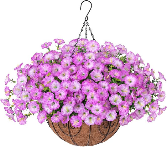 Artificial Faux Hanging Plants Flowers Basket for Outdoor Outside Spring Summer Decoration, Silk Purple Morning Glory in Planter UV Resistant Look Real Fake Flowers for Porch Patio Balcony Home Yard
