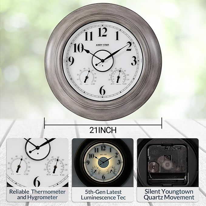 Andy Star 21 Inch Large Luminous Outdoor Wall Clock and Temperature for Patio, Pool, Oversized Round Wall Clocks Waterproof, Vintage Brushed Gray Oak Wooden Finish Silent Non Ticking