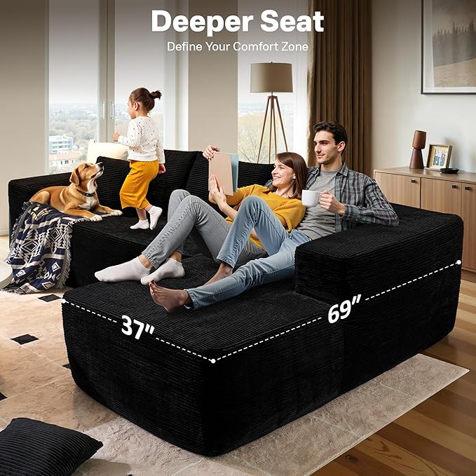 104" Cloud Sectional Couches for Living Room,L Shaped Boneless Couch in A Box,Sleeper Sofa with Comfy Chaise No Assembly Required,Black