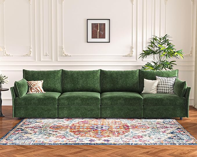 134.6" Modular Sectional Sofa, Oversized 4 Seater Green Couch with Removable Chenille Fabric Cover, Deep Seat & High Backrest for Living Room, Office & Apartment