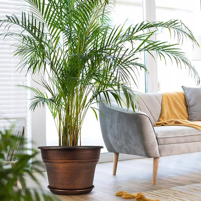 10 Inch Planters Plant Pots Indoor Outdoor, 4 Pack Plastic Flower Pot for Indoor Plants with Drainage Holes & Trays, Resin Decorative Container Sets with Saucer for House Garden Copper