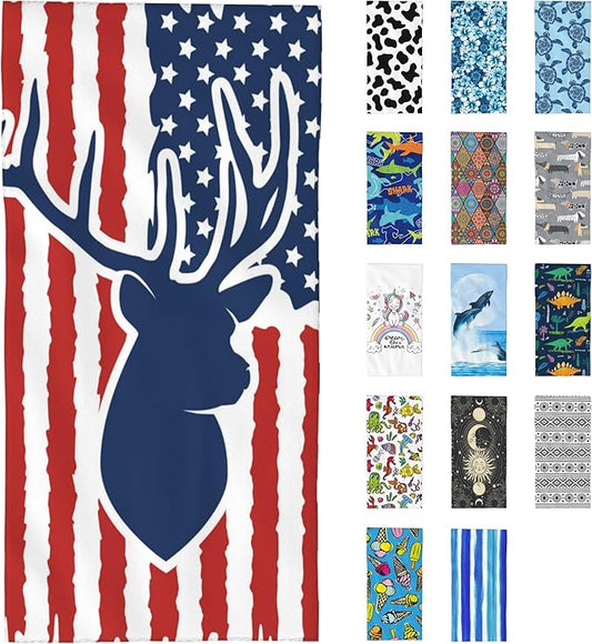 Beach Towel, Hunting Deer USA Flag Beach Towel Oversized Sand Proof Absorbent, Quick-Dry Bath Pool Swim Towel for Shower Spa Vacation, 29.5” X 59”