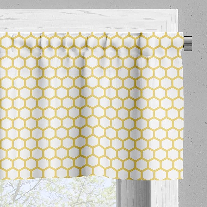 Ambesonne Yellow and White Valance & Tier Curtain 3 pcs Set, Hexagonal Pattern Honeycomb Beehive Simplistic Geometrical Monochrome, Window Treatments for Kitchen Room Decor, 55" x 30", White Yellow