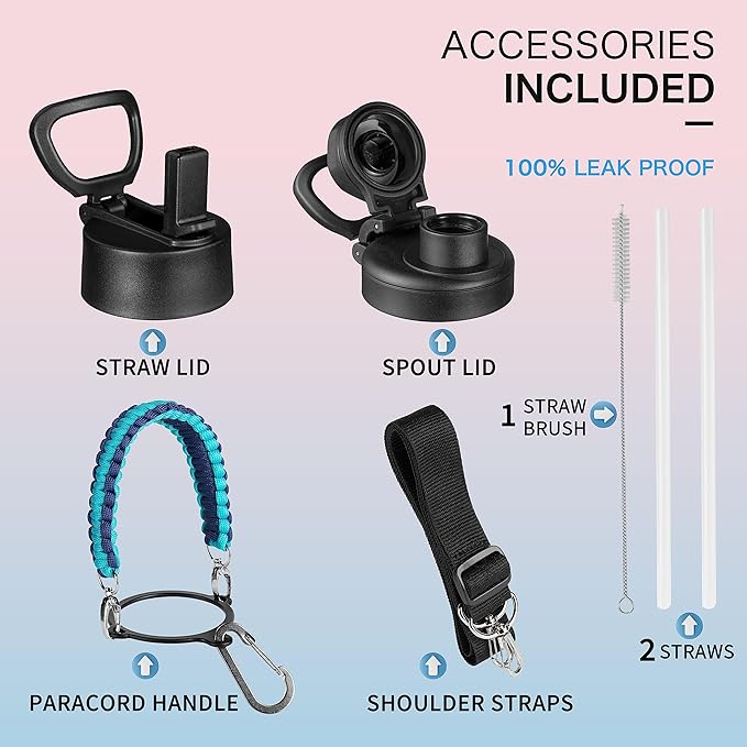 32 oz Insulated Water Bottle with Paracord Handles & Strap, 2 Lids(Straw Lid&Spout Lid), Stainless Steel Reusable Wide Mouth Metal Water Bottle With Straw, Double Walled, Thermo Mug(Dark Night)