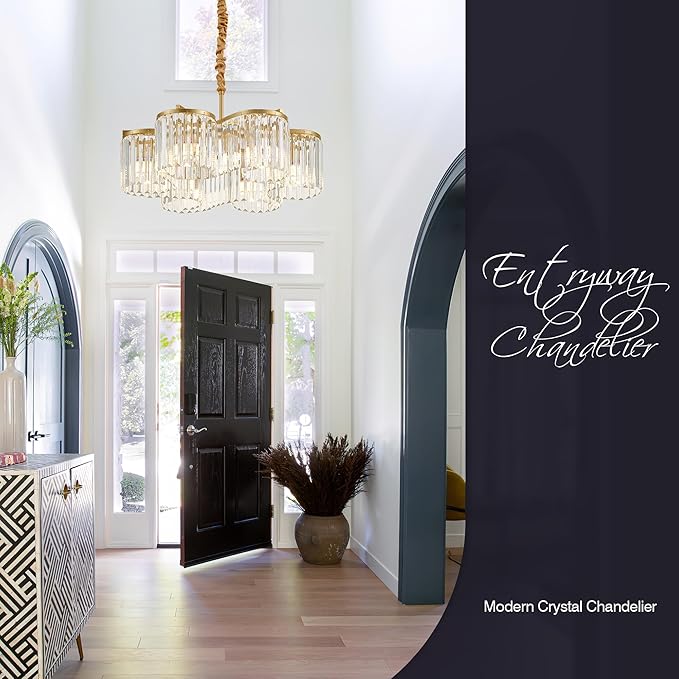 24.4“ Gold Semi Flush Mount Ceiling Light Fixtures, 6-Light Gold Modern Crystal Chandelier Height Adjustable Pendant Lighting for Bedroom Entryway Hallway Kitchen Island Living Room Foyer