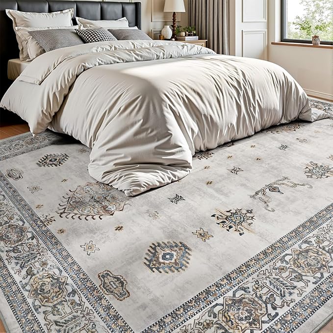 AMOAMI-Vintage Area Rug 5X7 Grey Rugs for Living Room-Soft Living Room Rug Non Slip Rugs for Bedroom Carpet Machine Washable Rug for Dining Room Bedside Office Room Decor