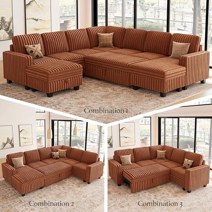 Belffin Modular Sectional Sleeper Sofa with Pull Out Couch Bed Corduroy Double Chaise with Storage Brick Red Couch