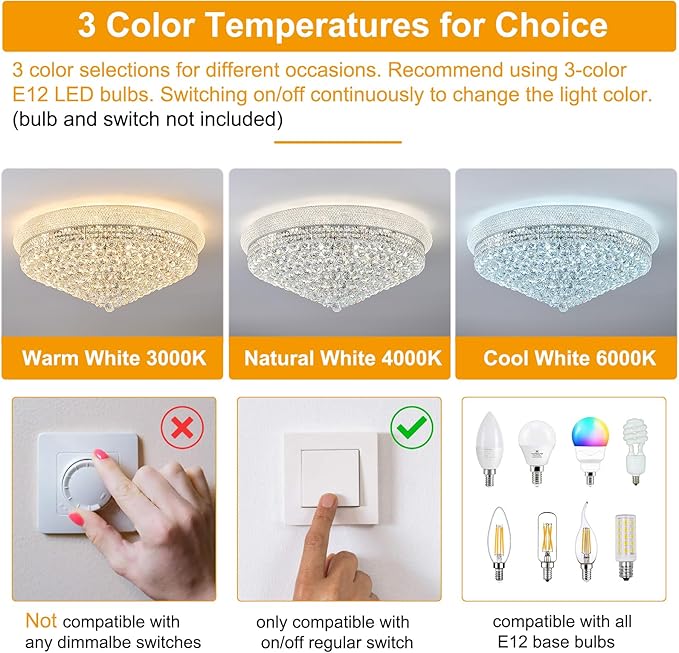 18-Light 32 inch Large Crystal Chandelier Flush Mount Ceiling Light Fixture for Living Room Dining Room Bedroom Foyer Entryway Chrome Finish