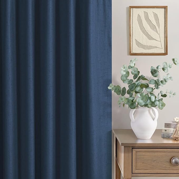 54 Inch Length Curtains for Bedroom Men Room Decor Darkening Back Tab Pleated Blackout Linen Insulated Curtain for Living Room Bathroom Wide Dark Navy Midnight Blue Drapes for Teen Boy 54 Long 2 Panel