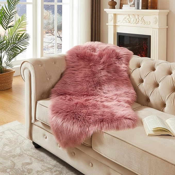 AMTOVO Faux Fur Rug, Blush Pink Area Rug, Fluffy Sheepskin Rug, Fuzzy Ultra Soft 2 x 4 ft Shag Rugs for Bedroom Sofa Throw Cushion Room Decor, Sheepskin