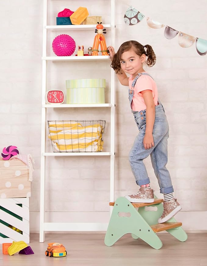 B. toys- B. spaces- B. spaces by Battat – Kids Wooden Two Step Stool – Peek-A-Boost – Mint & Wood- 2 Years +