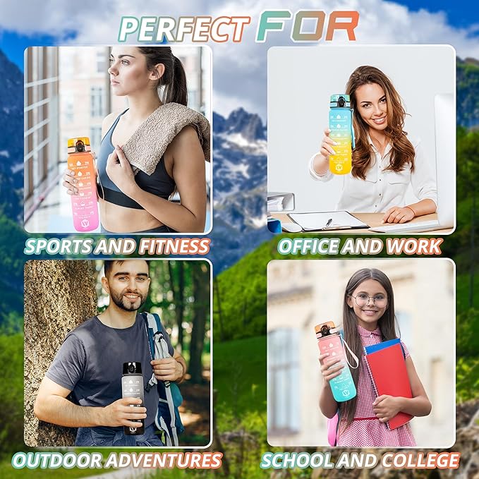 32 oz Water Bottle with Time Marker- Leak-Proof & BPA Free Reusable Gym Water Bottle - Easy to Carry Motivational Water Bottle for Fitness, Sports, Outdoor, Cycling, School (Pink & Orange)