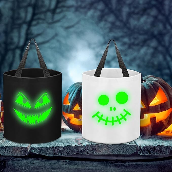6 Pcs Halloween Glowing Trick or Treat Candy Bucket Halloween Multipurpose Basket Glowing Spooky Face Pumpkin Reusable Goody Bags for Halloween Supplies Favors