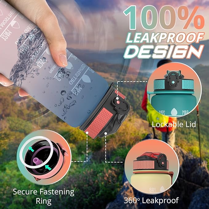 32 oz Water Bottle with Time Marker Leak-Proof & BPA Free Reusable Gym Water Bottle Easy to Carry Motivational Water Bottle for Fitness, Sports, Cycling (Orange & Light Green Green Head)