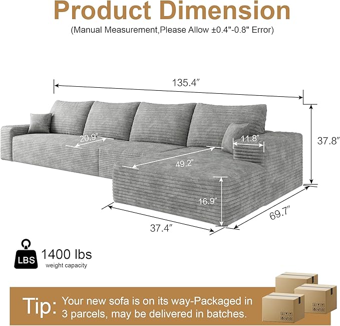 136" Sectional Couches for Living Room Modern Modular Sofa with L-Shape Couchs Upholstered Boneless Couch Deep Seat Sectional Couch with Chaise (Grey, Right Facing Chaise+3Seaters)