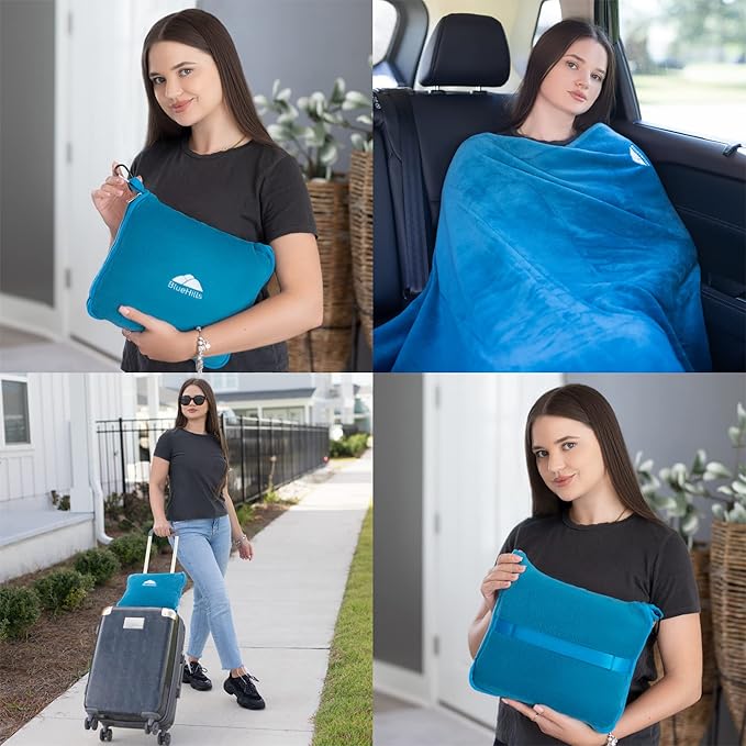 BlueHills Premium Soft Travel Blanket Pillow Airplane Blanket in Soft Bag case with Hand Luggage Belt and Carabiner Compact Pack Large Cozy Blanket for Plane Car Train Teal Blue T022