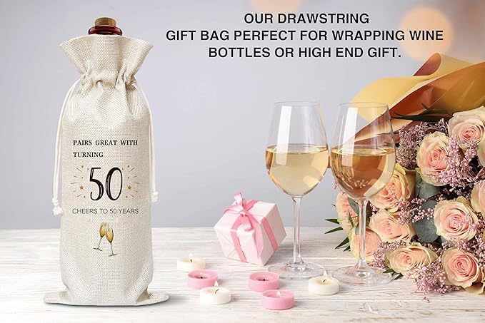 50th Birthday Wine Gift Bag, Cotton Burlap Wine Bags, 1974 Wine Bottle Cover Bag Birthday Gifts for Women, Men, Friends, Co-workers, Teachers, Mom, Dad, Antie, Uncle(05)