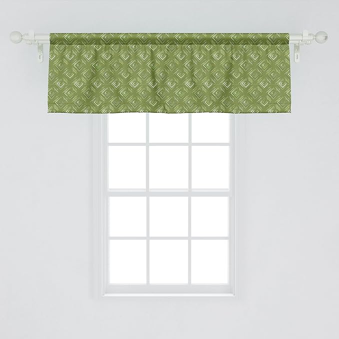 Ambesonne Olive Green Window Valance, Grunge Geometric Pattern Square Shape Diagonal Abstract Rhombus, Curtain Valance for Kitchen Bedroom Decor with Rod Pocket, 42" x 18", Olive Green Coconut