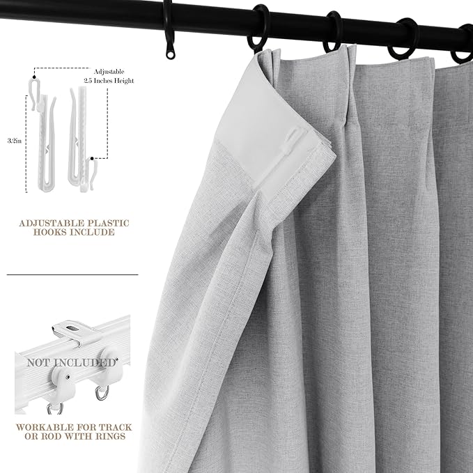 70" W x 108" L Faux Linen Room Divider Curtains, Full Blackout Pinch Pleated Drapes for Traverse Rod, Bedroom Divider Privacy Drapery with Hooks for Ceiling Track, 1 Panel, Silver Grey
