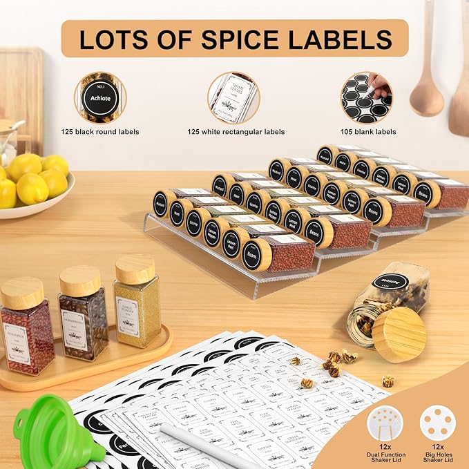 24 Spice Jars with Spice Drawer Organizer, 355 Spice Labels, 4 Pack Expandable From 11'' to 21'' Acrylic Spice Rack for Drawer, Seasoning Containers Storage Organization for Kitchen Cabinet Countertop