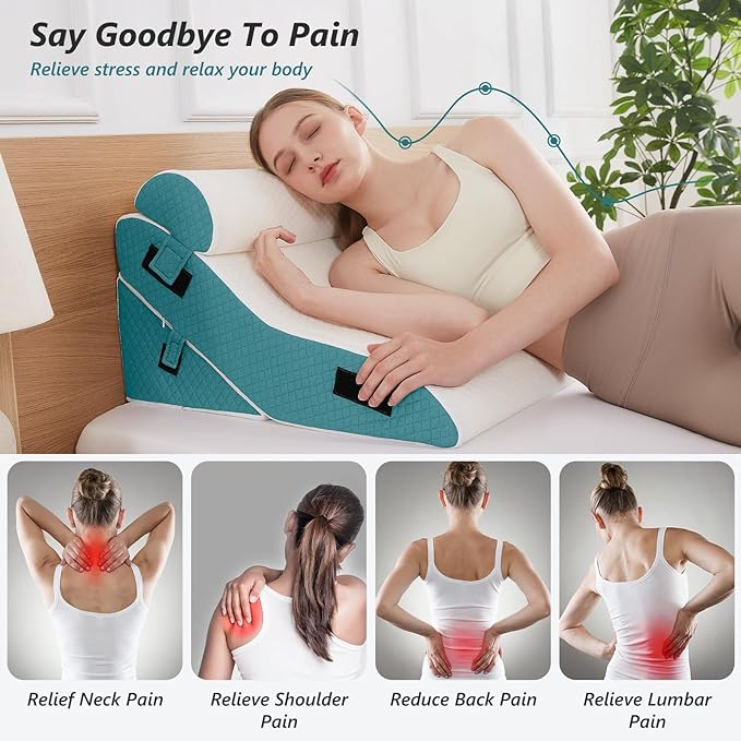 3 PCS Upgraded Bed Wedge Pillow for Sleeping - 35D Post Surgery Pillow for Back Leg Pain Relief - 16.5" Wide Wedge Pillows for After Surgery for Acid Reflux & GERD & Snoring(White Blue)